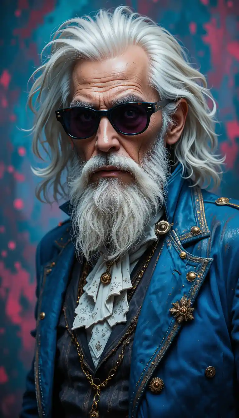 Eccentric old man in round dark shades and blue coat