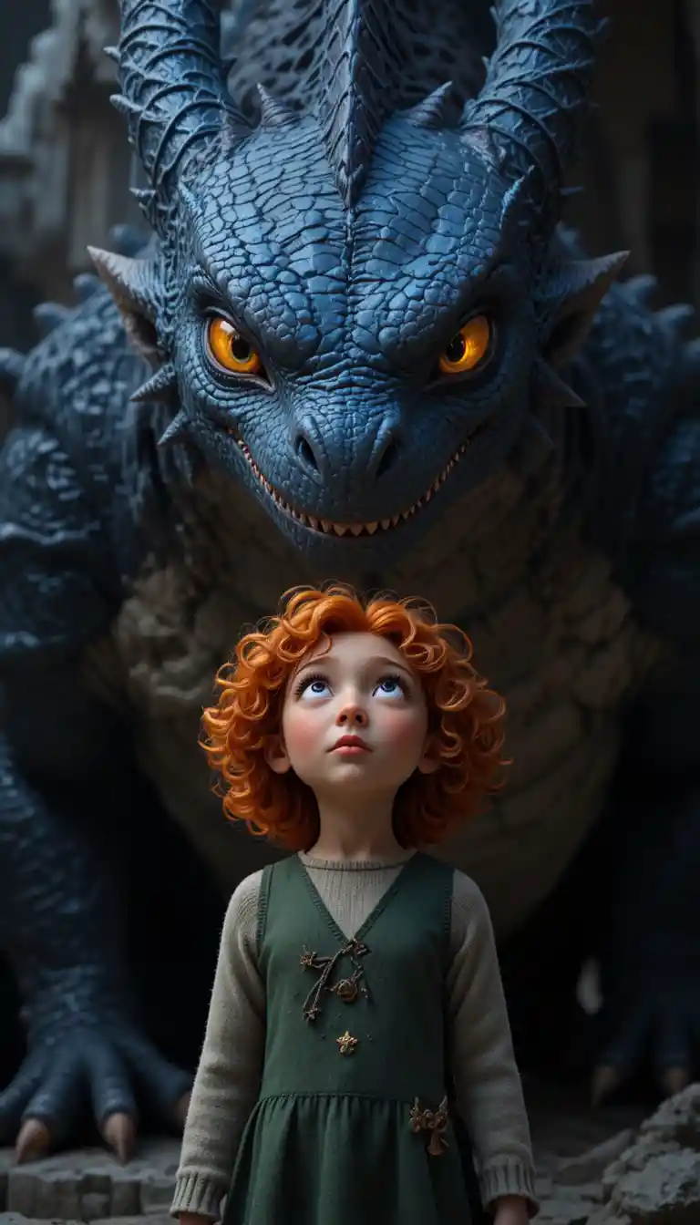 Child gazing in awe at a protective blue dragon