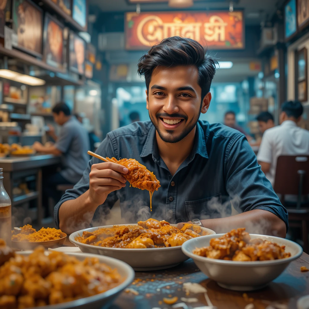 Young man enjoying spicy Indian chicken meal in restaurant