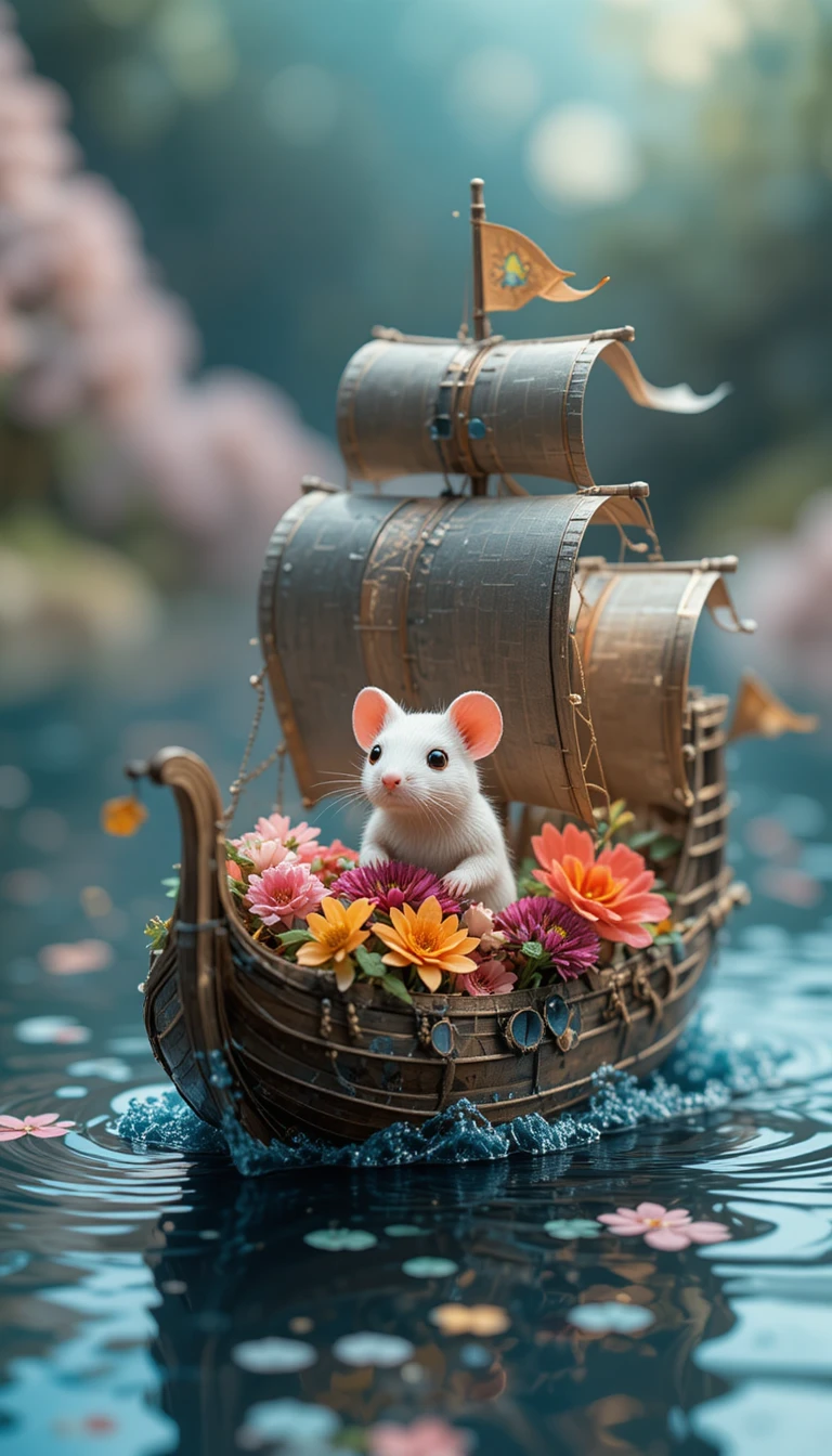 Rato fofo velejando em um barco de papel com flores