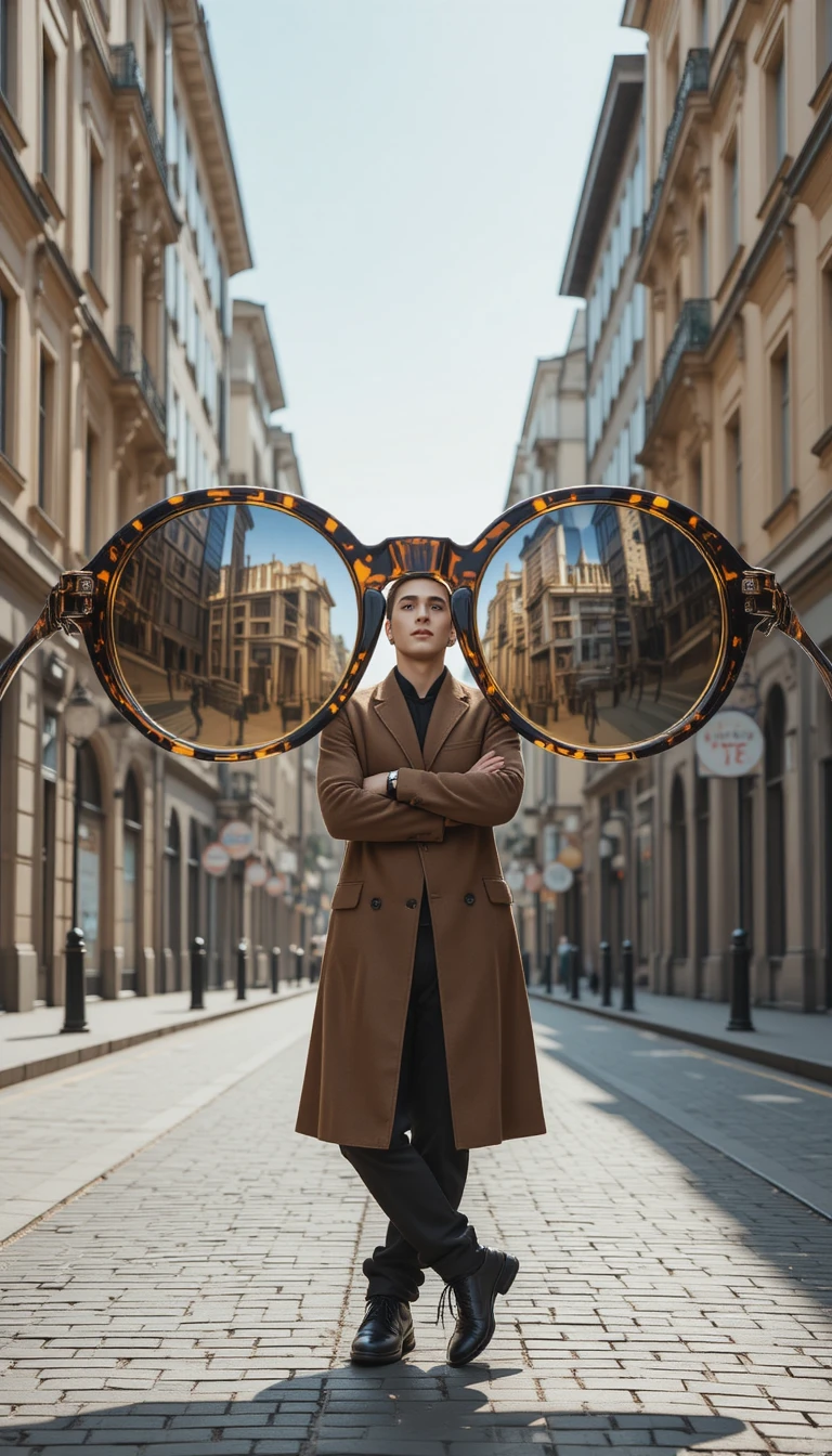 Stylish man leaning on oversized tortoiseshell glasses in city street