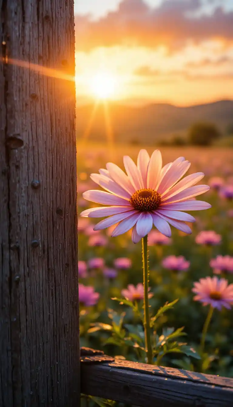 夕陽下穿過木柵綻放光芒的白色雛菊