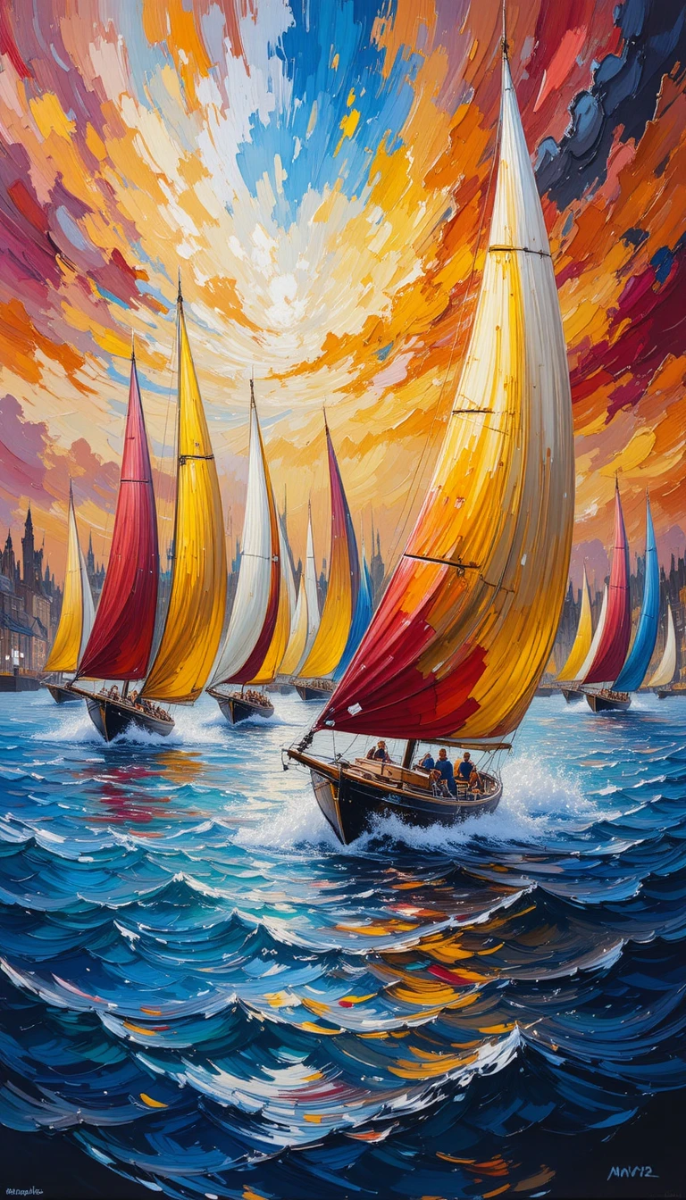 Barcos coloridos cruzando um porto vibrante ao pôr do sol