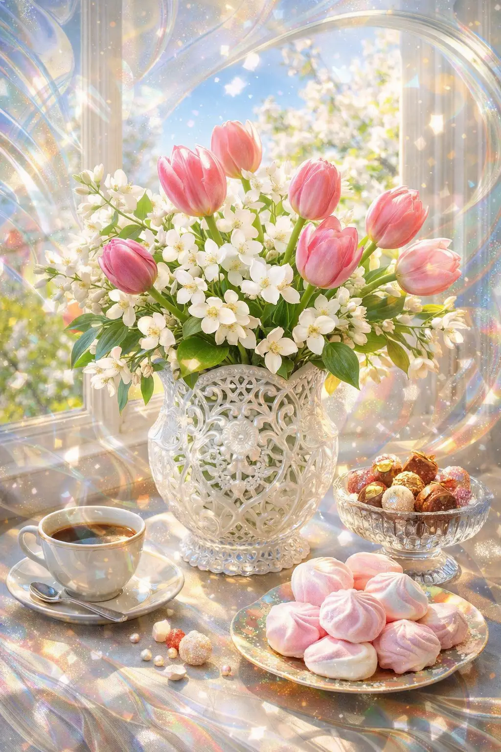 Bouquet de fleurs de printemps dans un vase en verre blanc près de la fenêtre