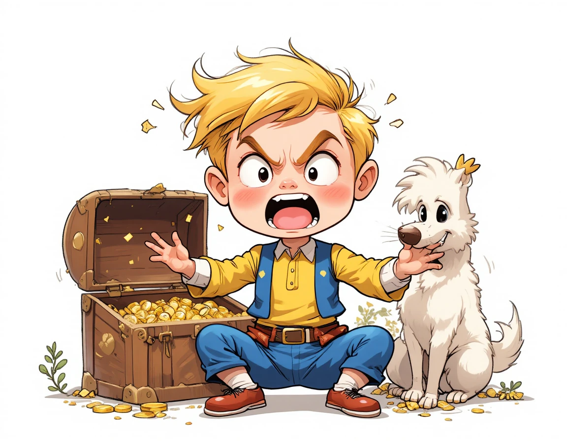 Garoto loiro irritado gritando ao lado de um cachorro de desenho sorridente