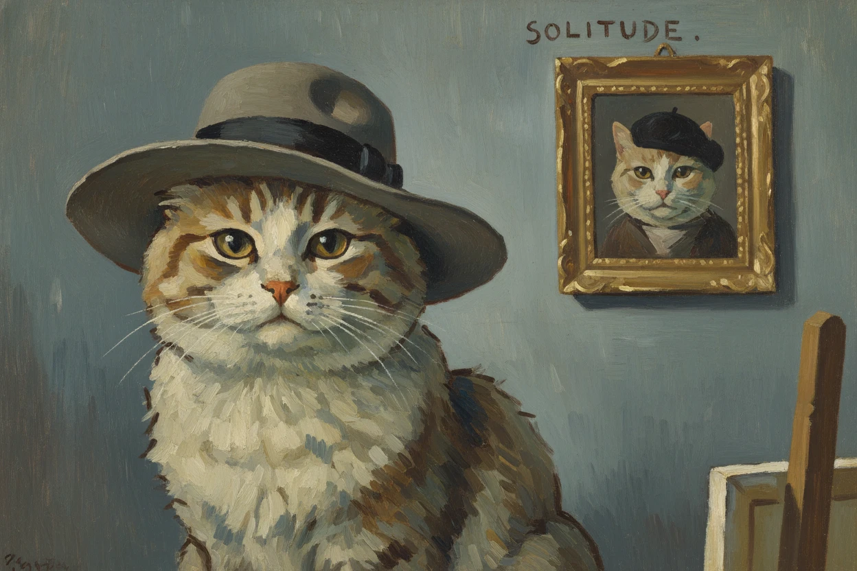 Ritratto di gatto malinconico con cappello grigio davanti a una parete blu