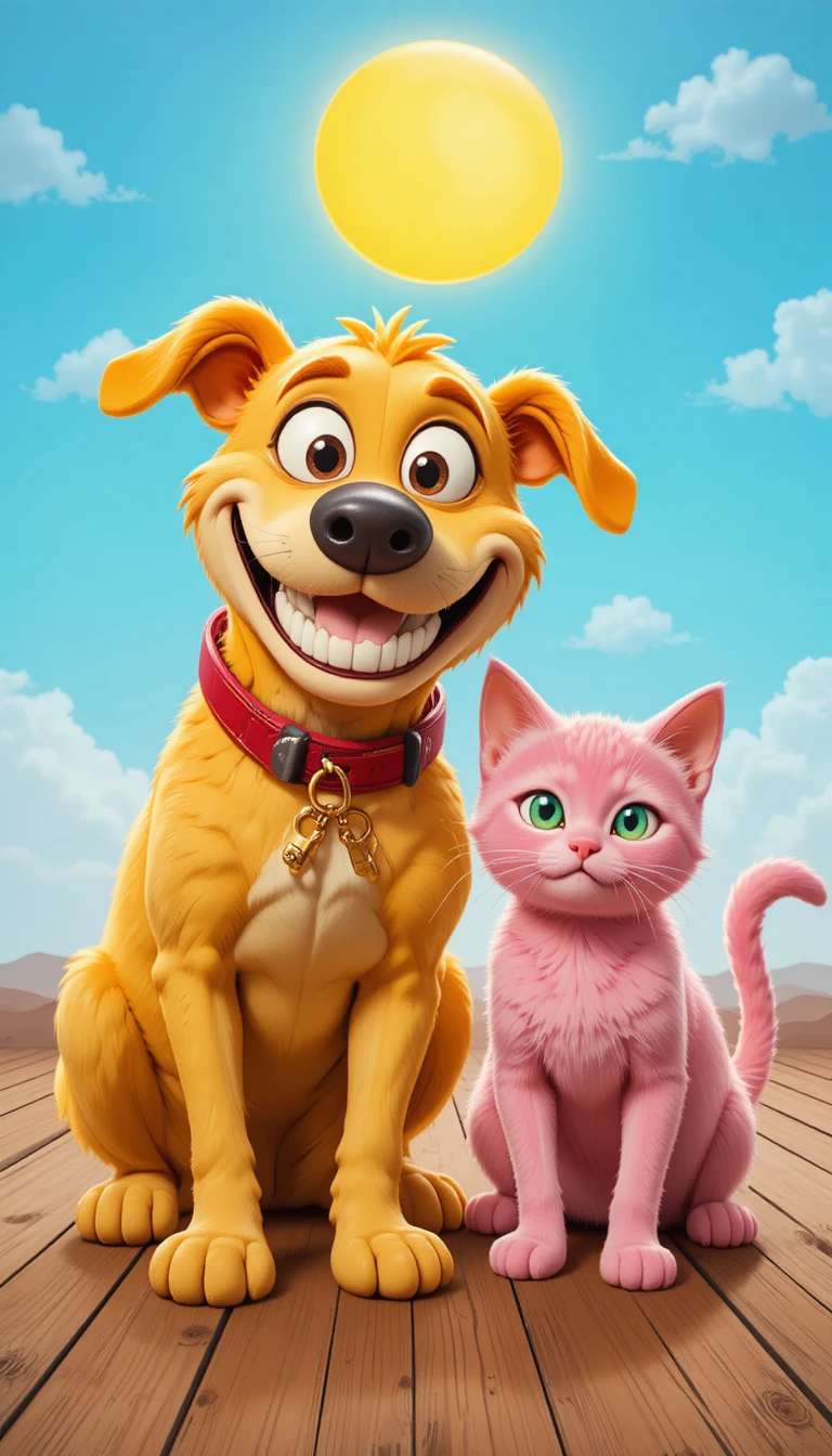 Smiling yellow dog and pink cat under bright blue sky