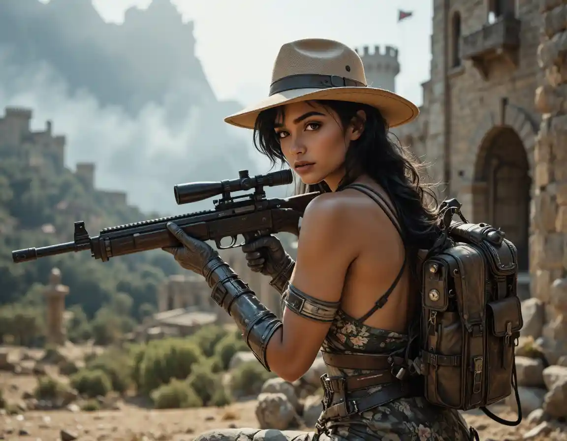 Woman sniper aiming rifle over smoky urban battlefield