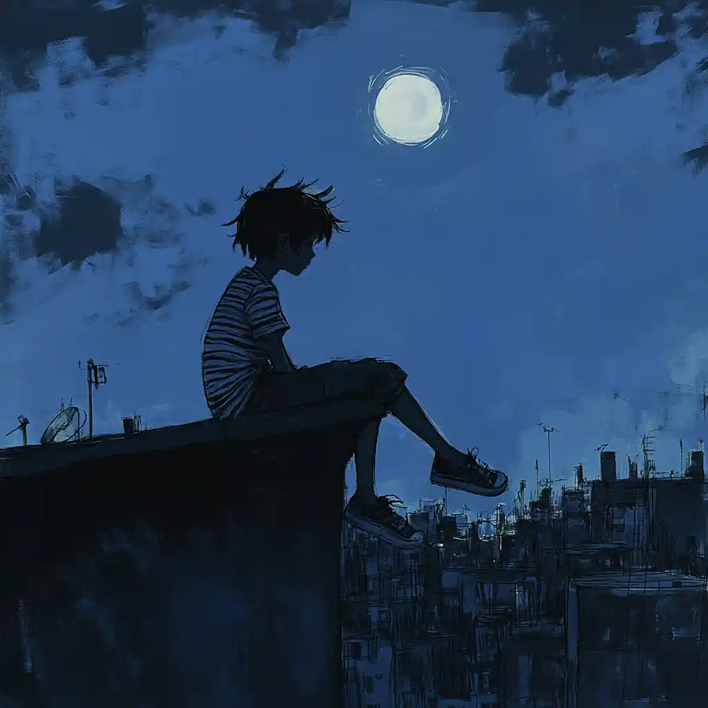 Boy Sitting On Rooftop Ledge Under Moonlit City Sky