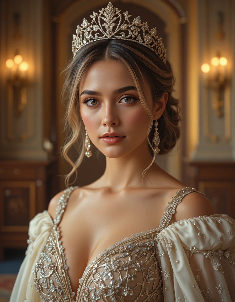 Elegante donna reale con corona in un sontuoso palazzo