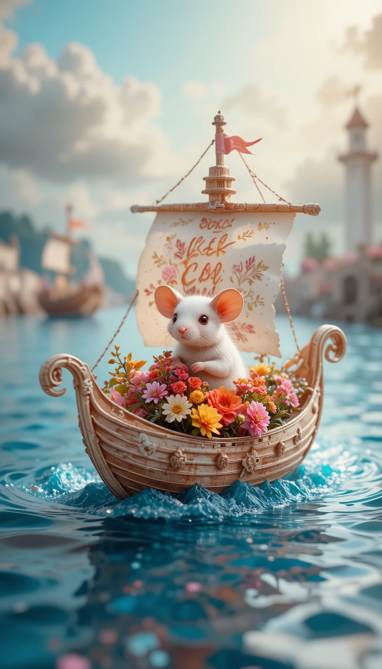 Adorable petite souris naviguant dans un bateau en papier avec de jolies fleurs