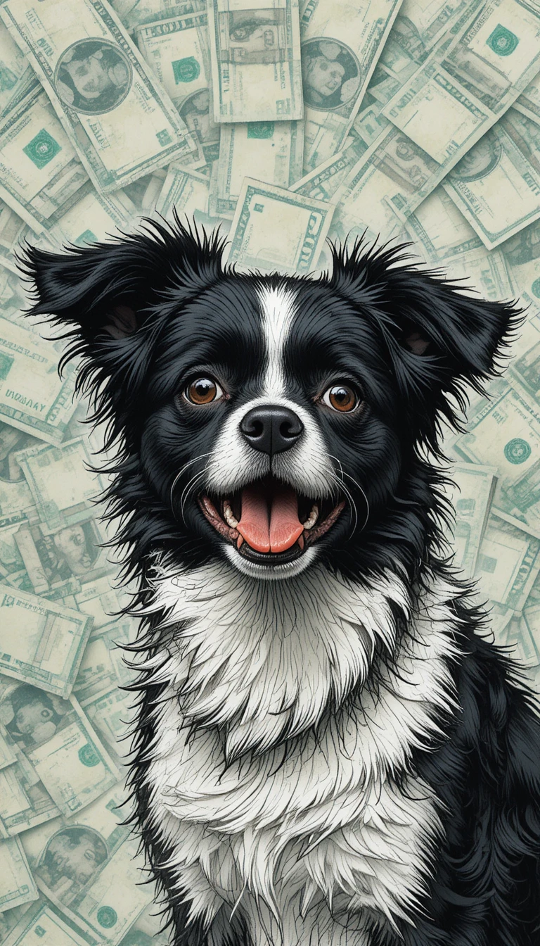 Cachorro preto e branco com fundo abstrato cheio de dinheiro