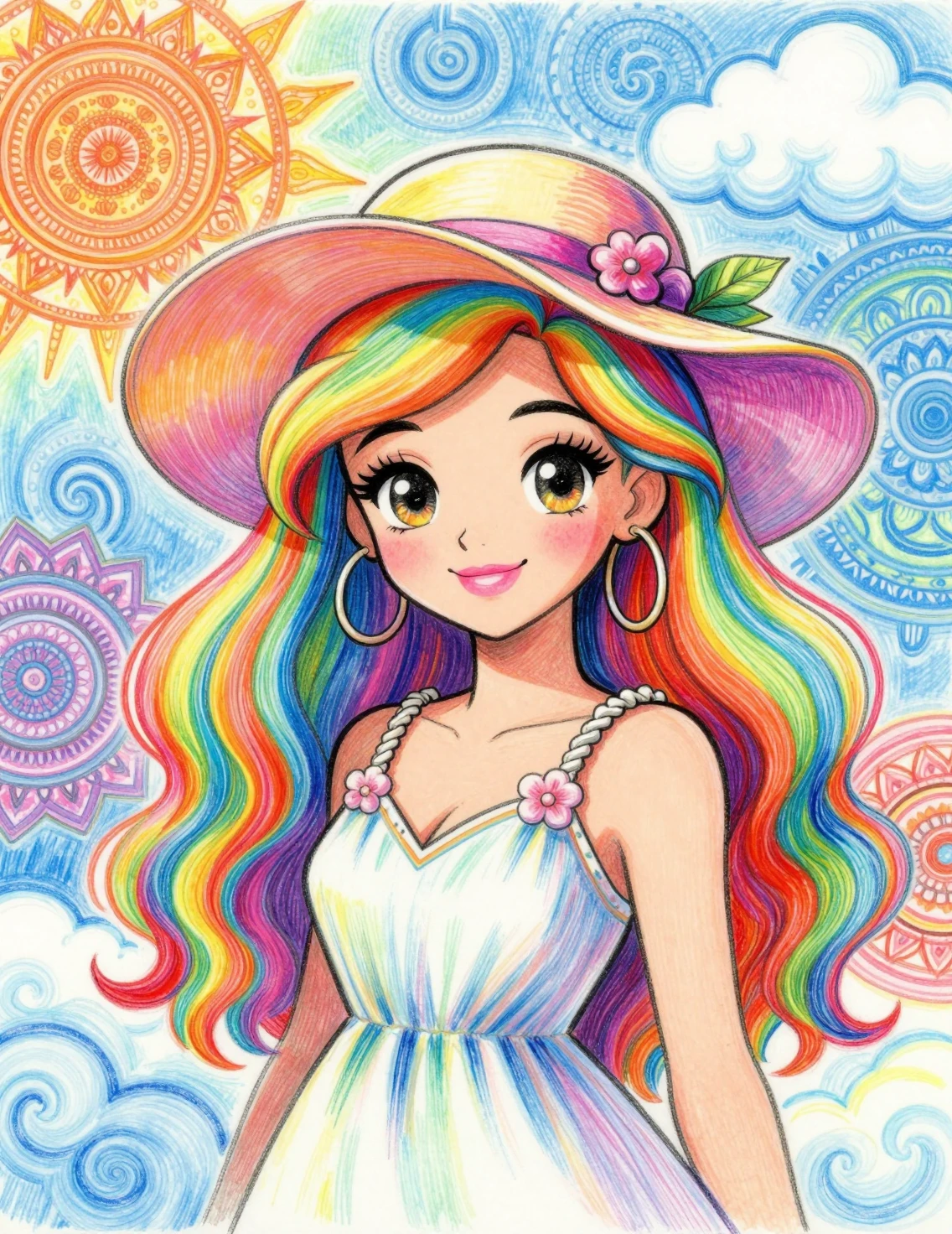 Princesa de cabello arcoíris en un retrato de cuento de hadas lleno de color
