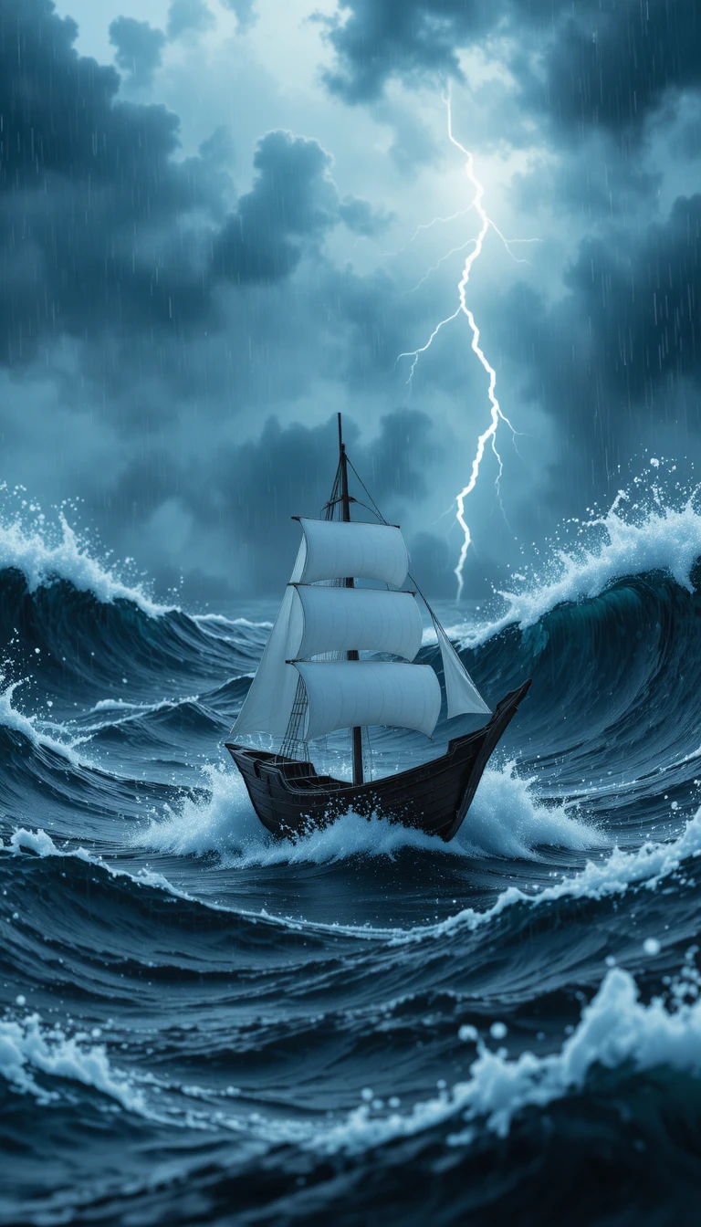 Tiny paper sailboat in a dark stormy ocean