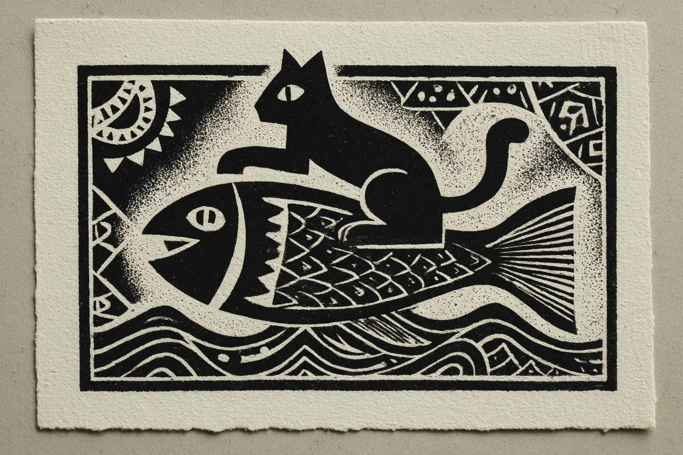 Gatto minimalista in linoleografia che cavalca un pesce tra onde geometriche