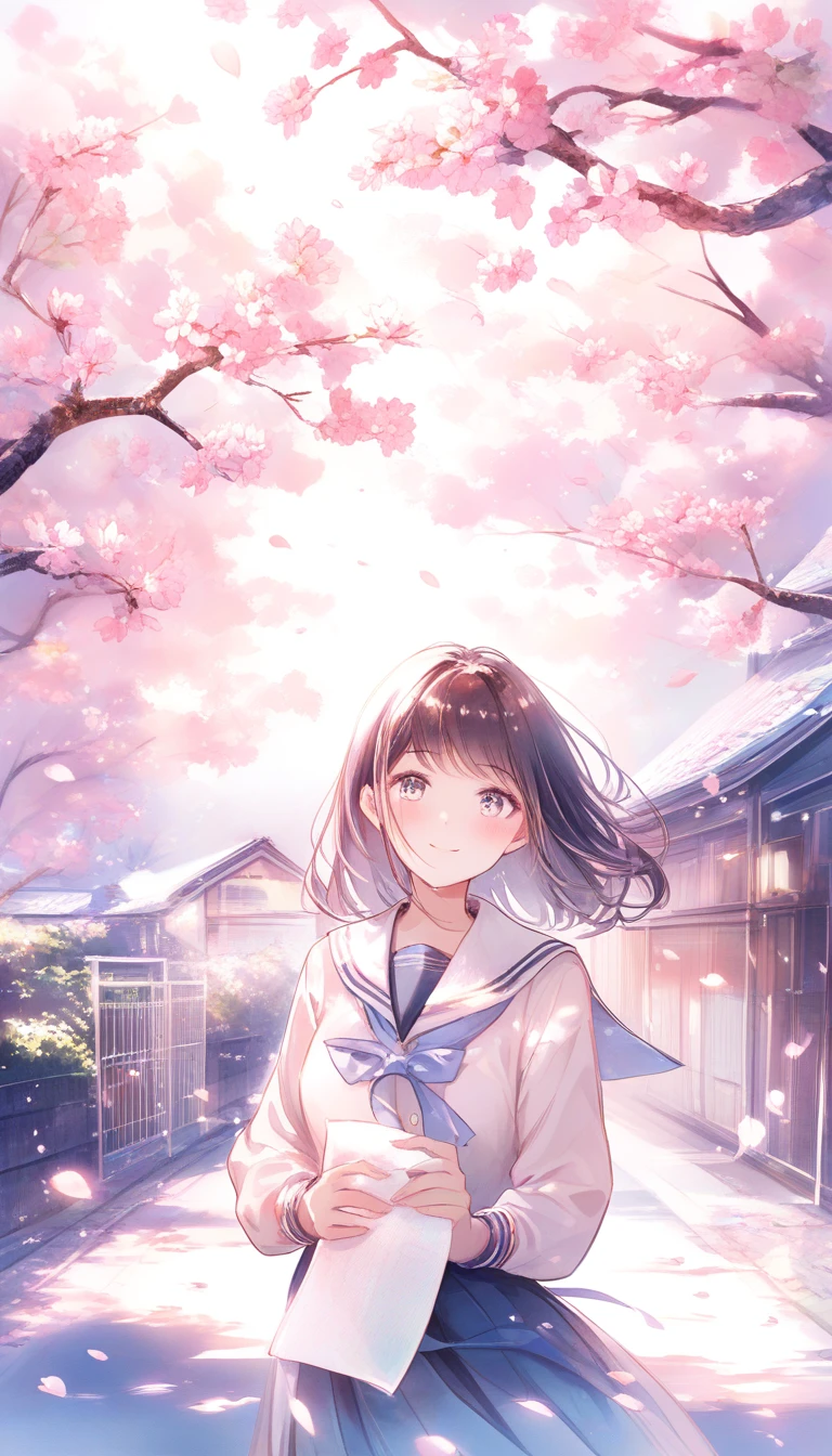 Studentessa in stile anime con diploma sotto ciliegi in fiore