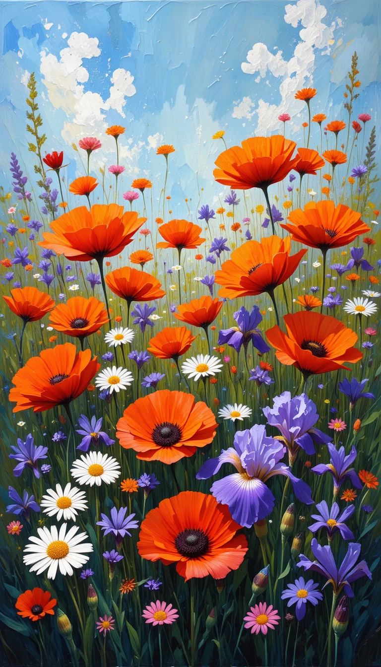 Vibrante peinture à l’huile de fleurs sauvages dans une prairie baignée de soleil