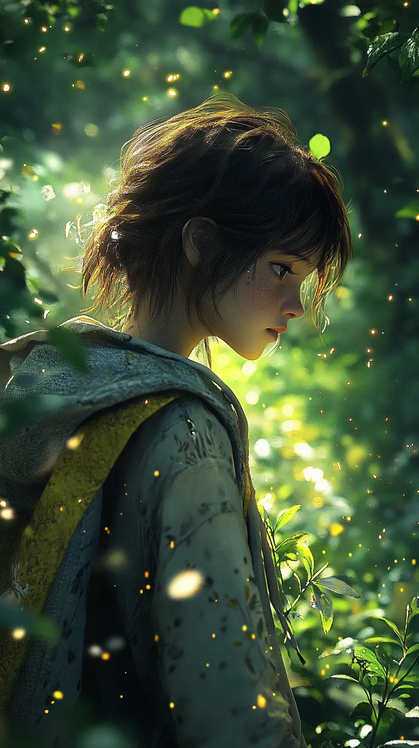 Anime-Mädchen im Wald mit leuchtendem ätherischem Licht