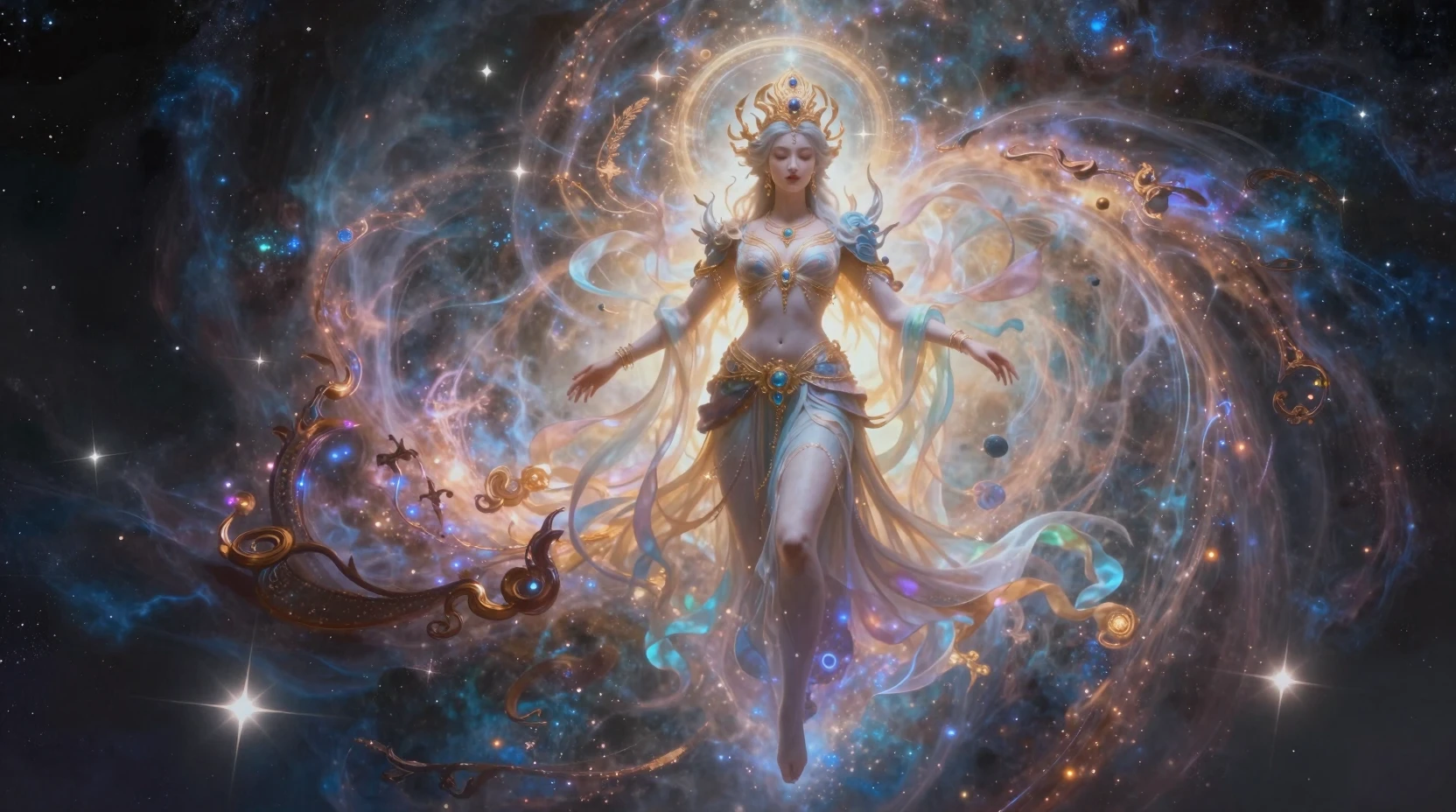 Celestial queen floating above a luminous cosmic nebula