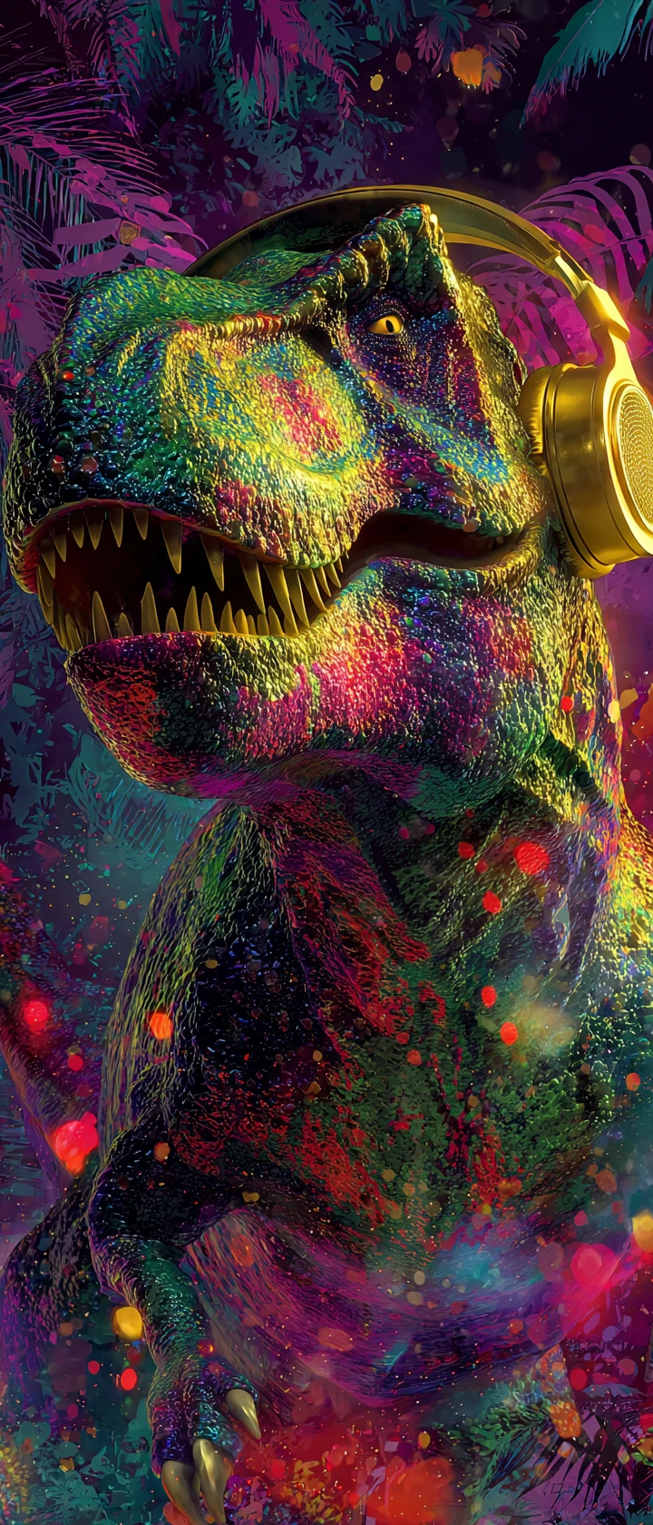 T‑rex colorido dançando com fones de ouvido dourados na selva escura