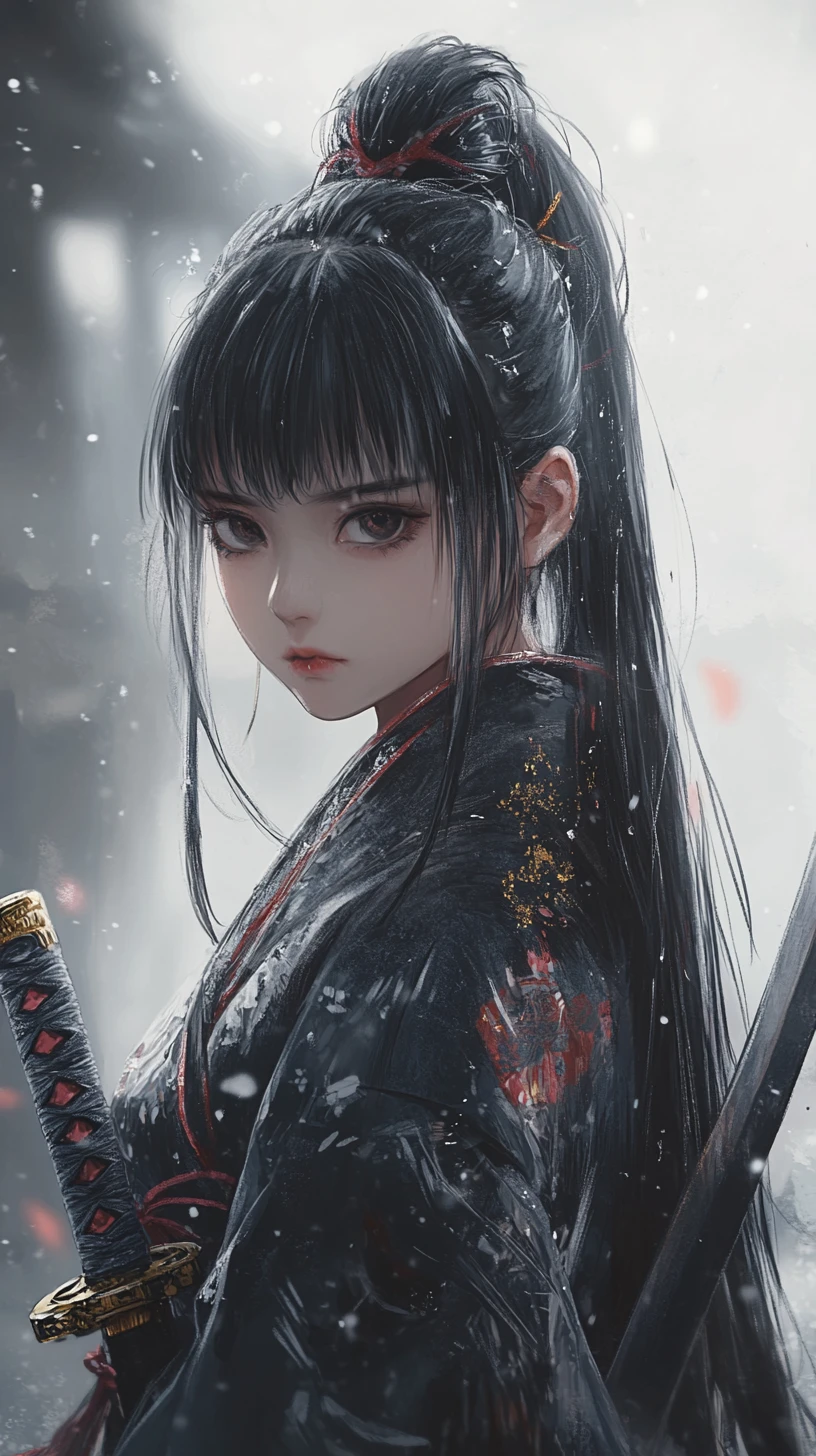 Chica samurái con kimono negro frente a un templo japonés entre la niebla