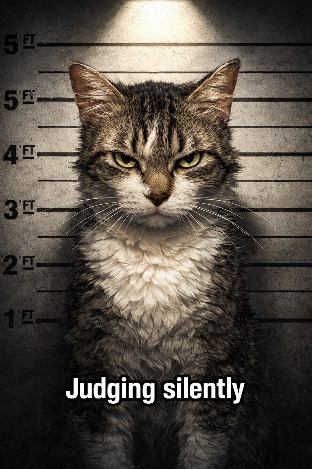 Photo d’identité judiciaire d’un chat espiègle au regard intense