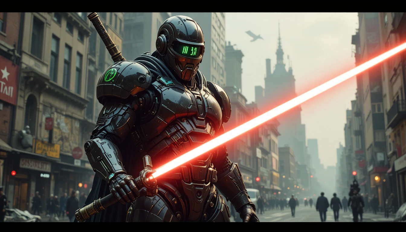 Templer-Roboter mit Laserschwert in dystopischer Stadt