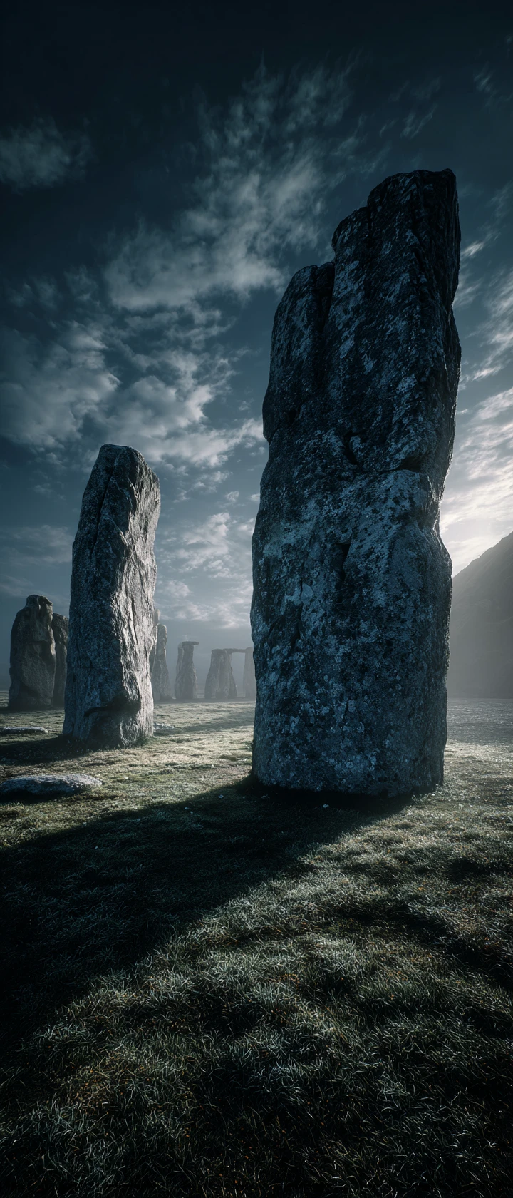 Moonlit stone circles rising above a misty grass field