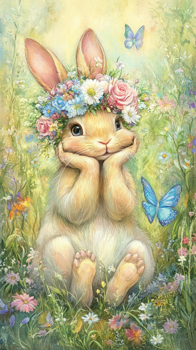 Coelho sonhador com coroa de flores em um campo de flores silvestres