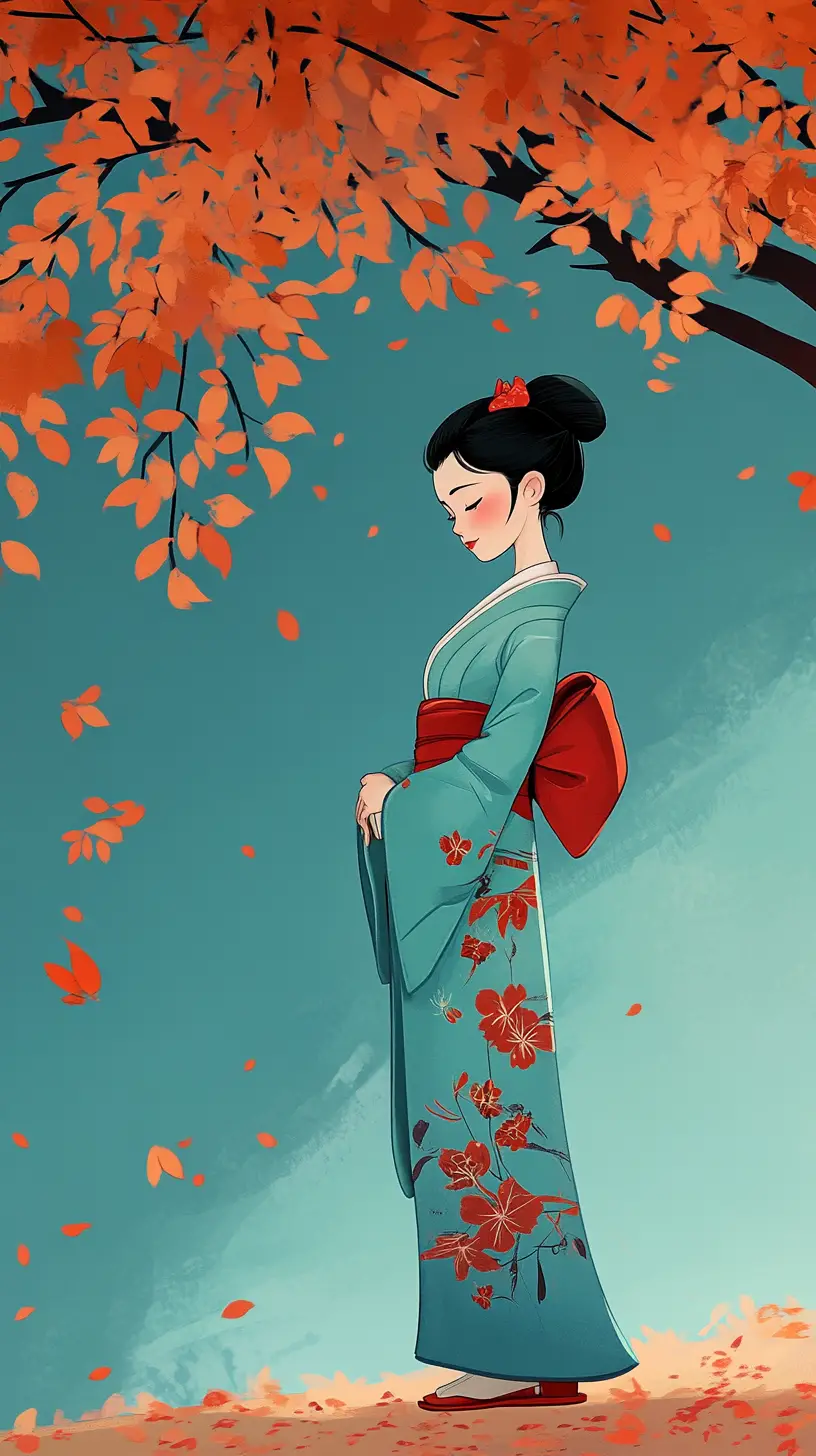 Japanische Frau im türkisfarbenen Kimono unter herbstlichem Baum