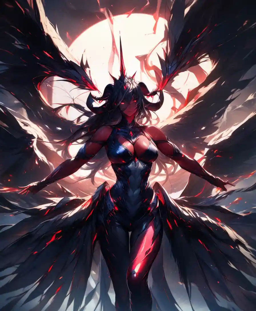 Demonic horned woman with crimson wings in smoke