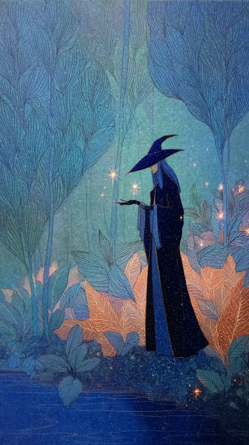 Witch woman collecting stars in a glowing riverside garden