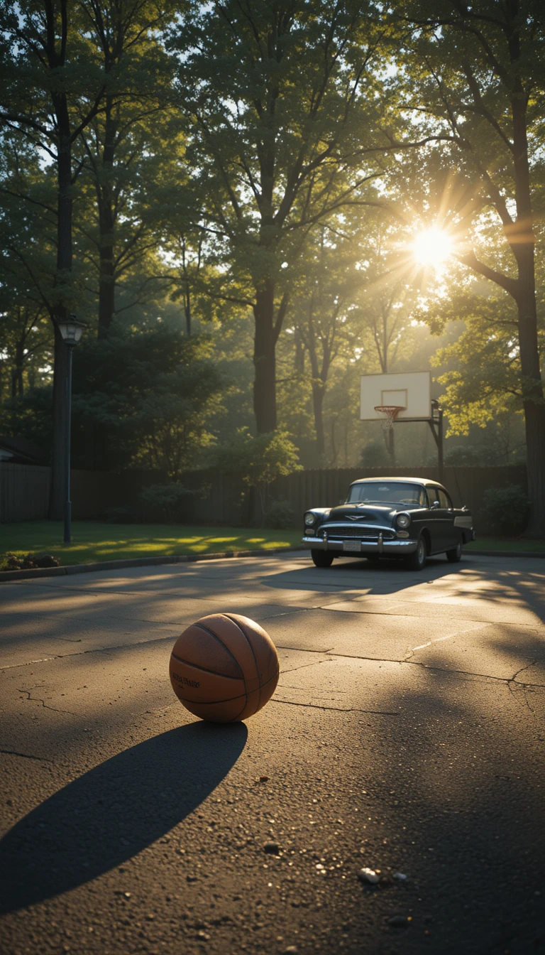 Entrada de garagem suburbana com carro e bola de basquete solitária