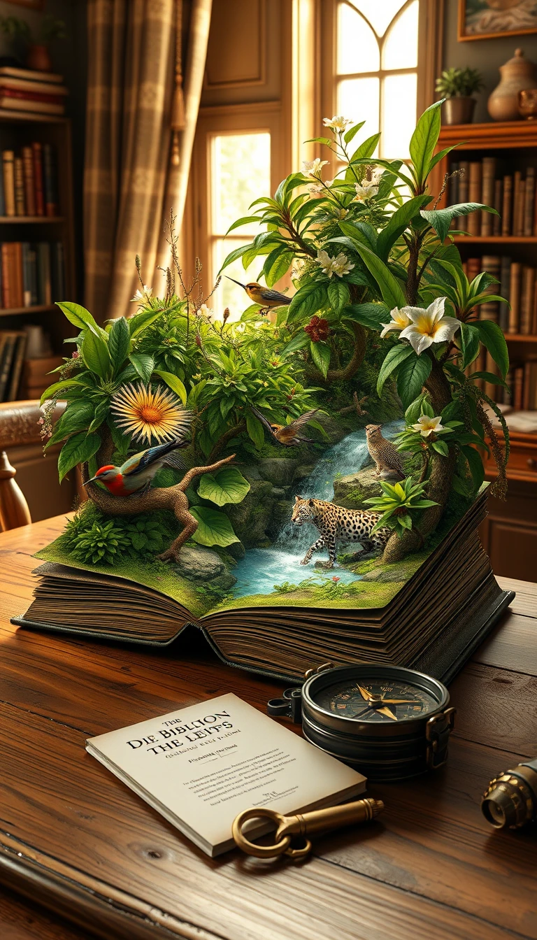Antico libro che si apre su una rigogliosa foresta pluviale tropicale