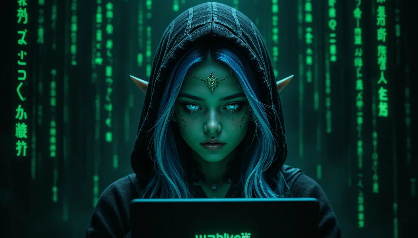 Vermummter Hacker-Elf mit blauen Haaren und leuchtendem Roboter-Gesicht