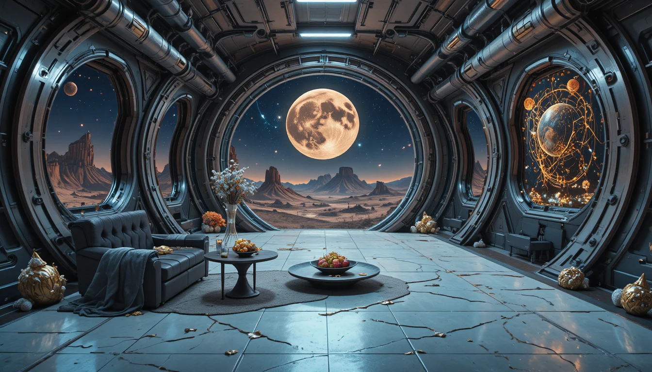 Long couloir de science-fiction en métal avec tuyaux et éclairage tamisé