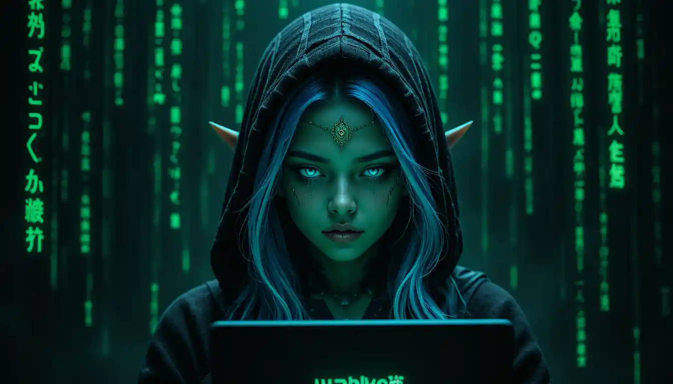 Vermummter Hacker-Elf mit blauen Haaren und leuchtendem Roboter-Gesicht