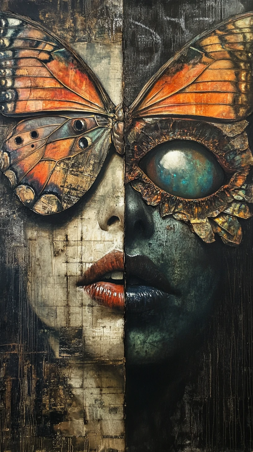 Créature surréaliste en techniques mixtes aux grands yeux de papillon réfléchissants