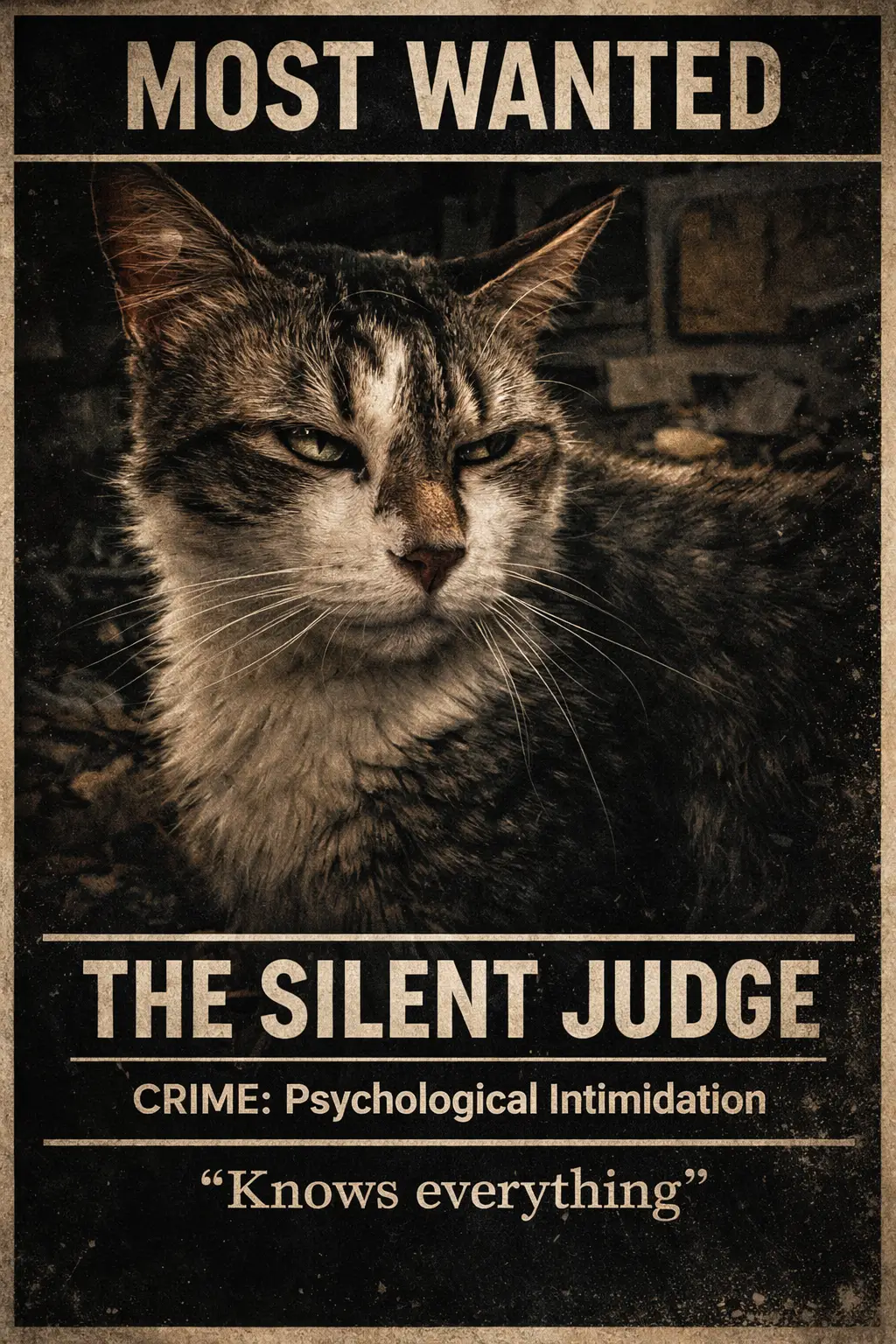 Cinematic most wanted style portrait of a judgmental cat