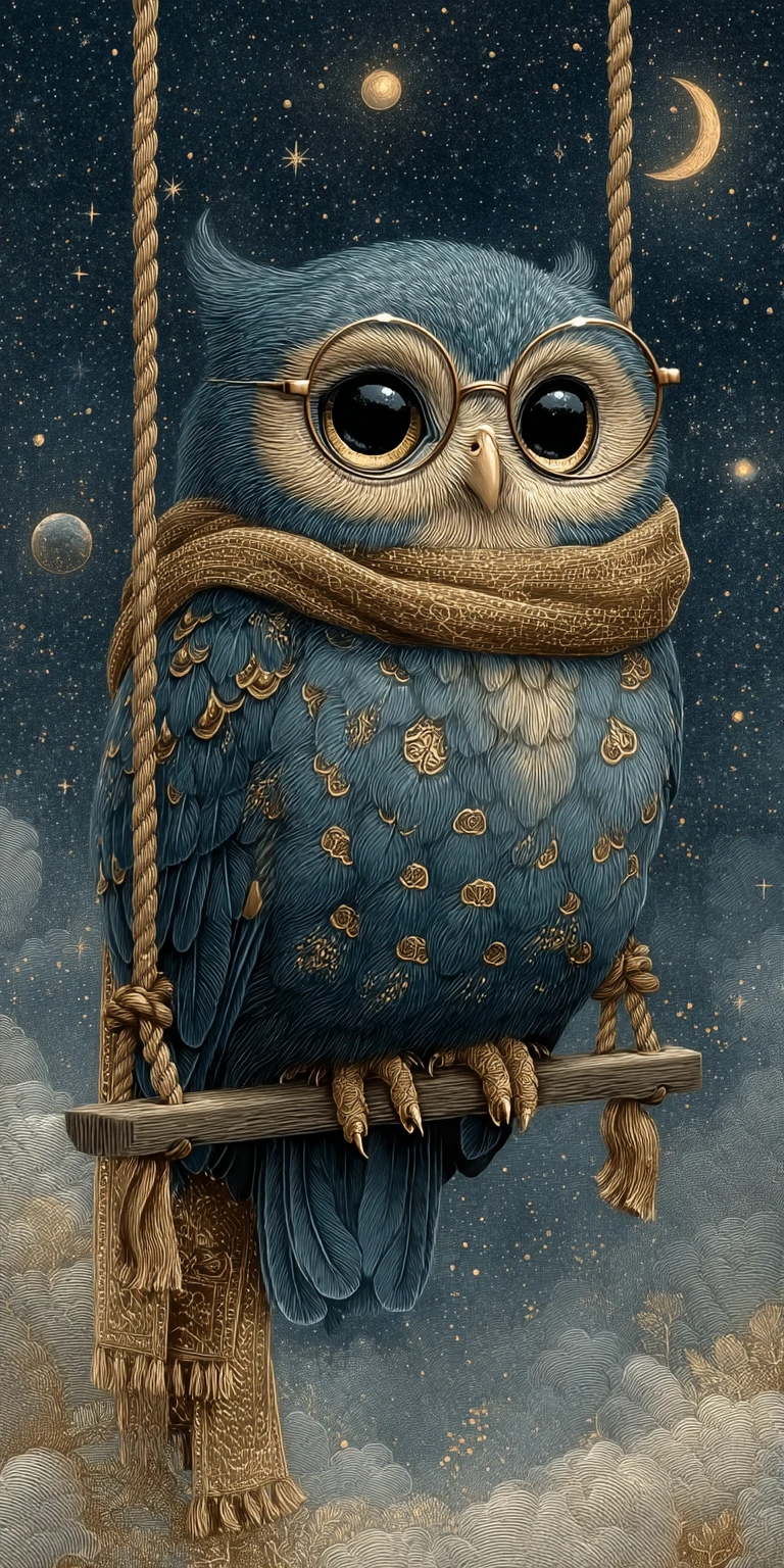 Petit hibou astronome se balançant sur un croissant de lune