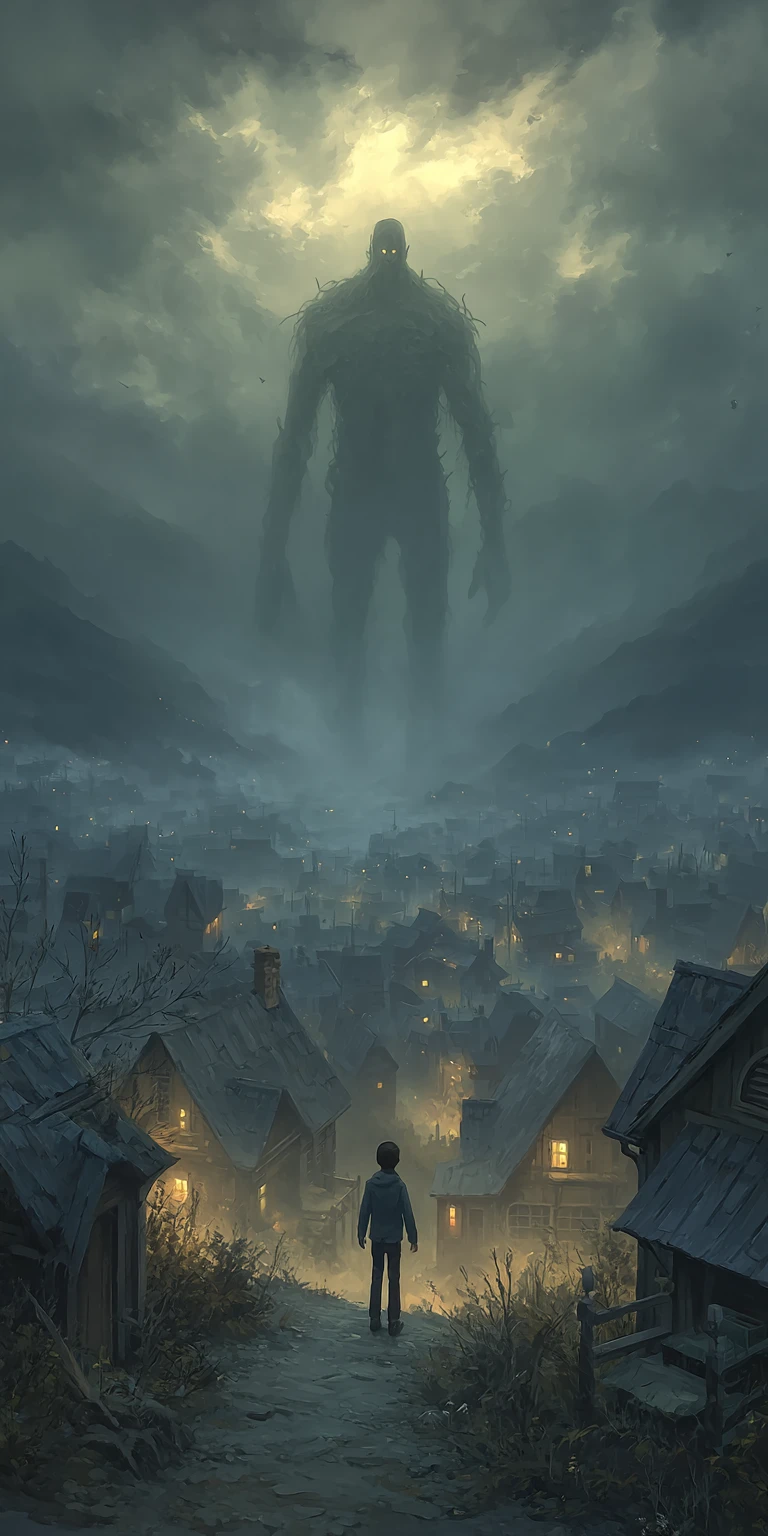 Monstro colossal pairando sobre vila noturna enevoada