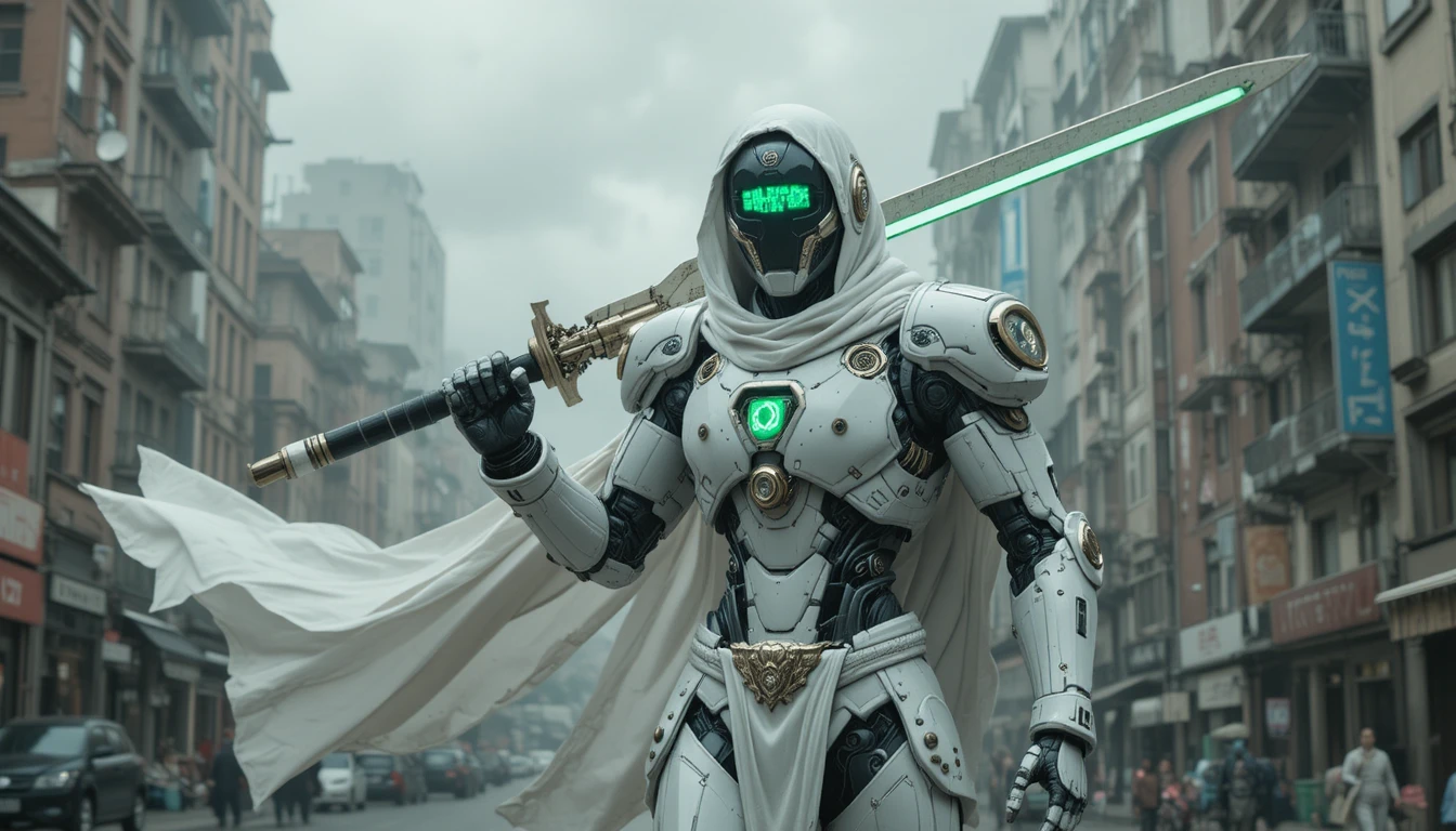 Guerreiro robô inspirado em templário com espada de laser brilhante