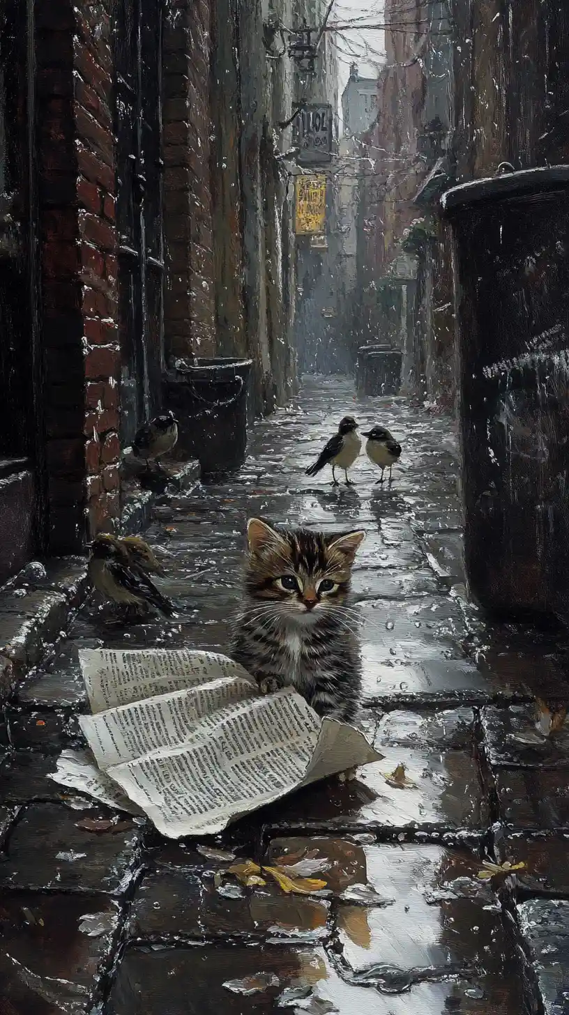 Kitten Sheltering Under Newspaper In Rainy Cobblestone Alley