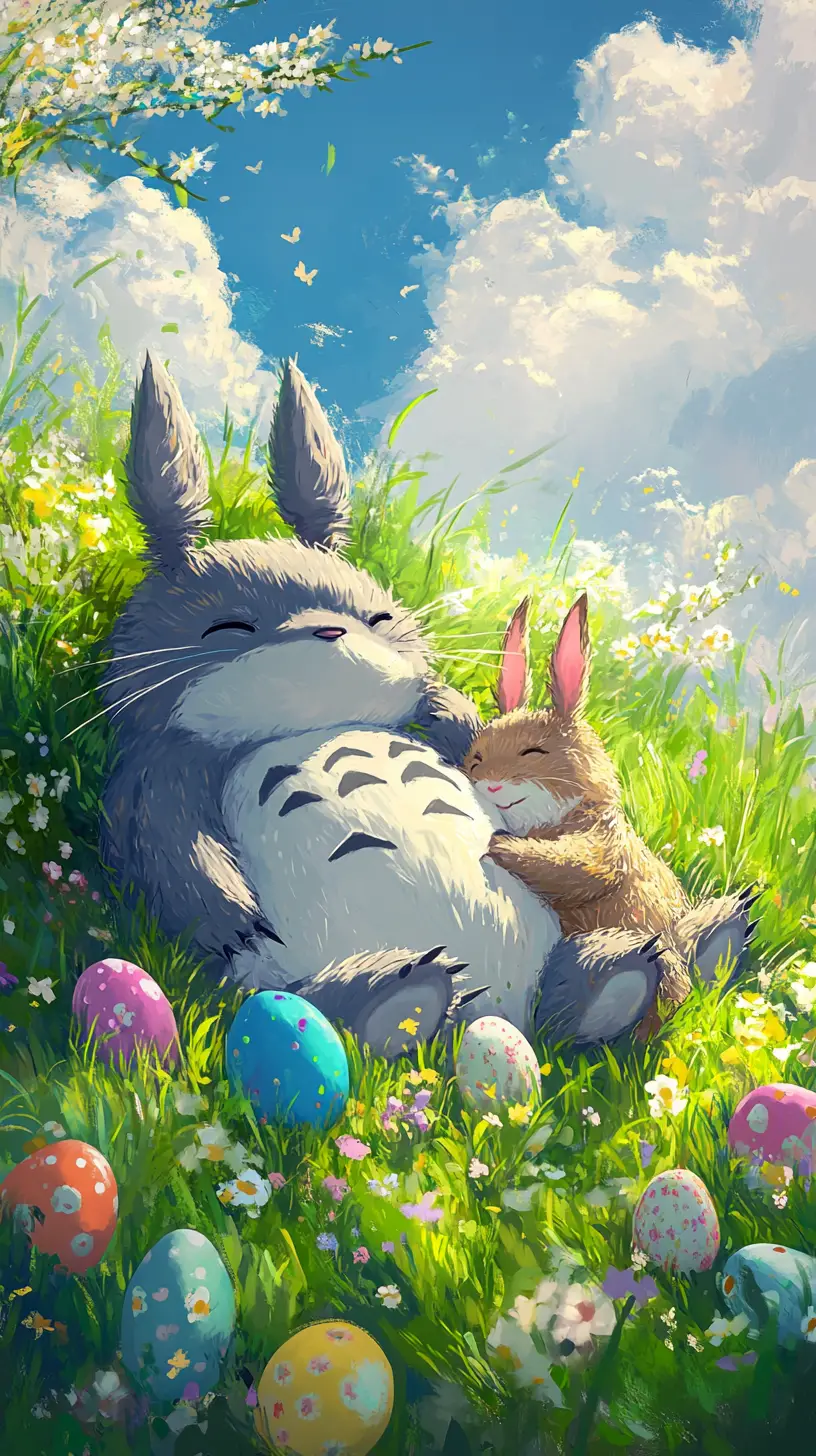 Cute fantasy creatures relaxing in sunny easter meadow