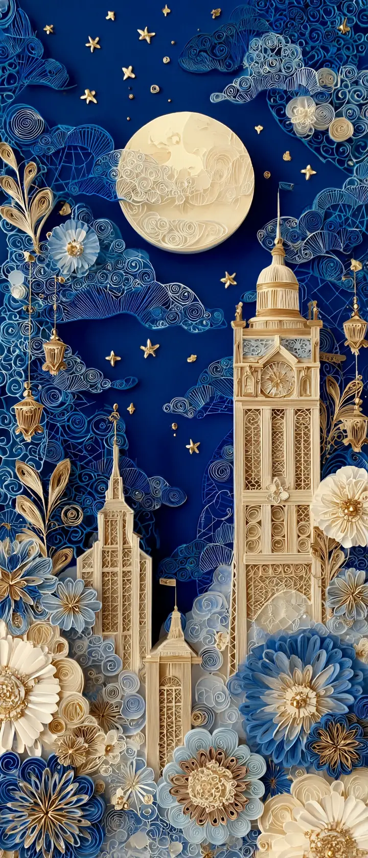 發光月夜下的法式紙雕城市景觀