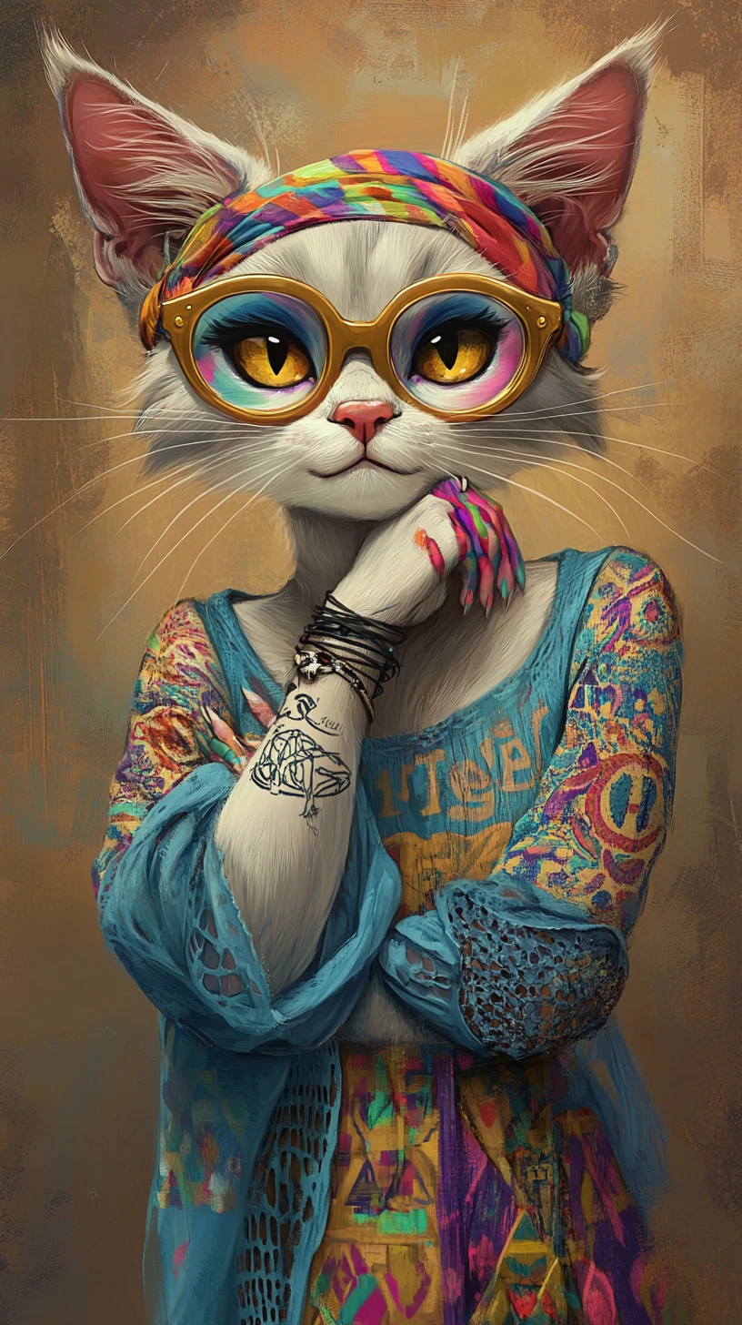 Chat anthropomorphe tendance avec lunettes et tatouages