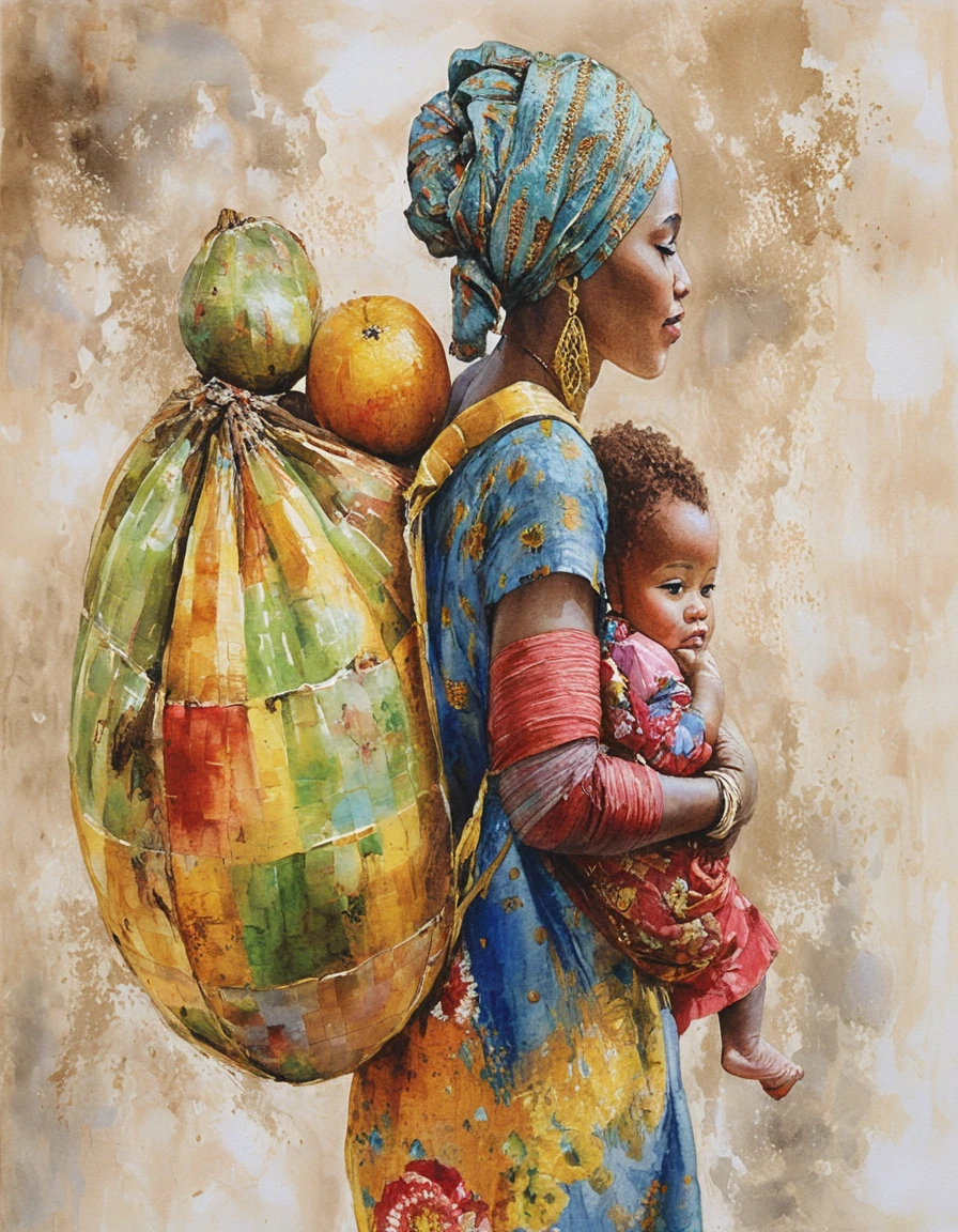 Mãe africana carregando feixe de frutas em pintura impasto