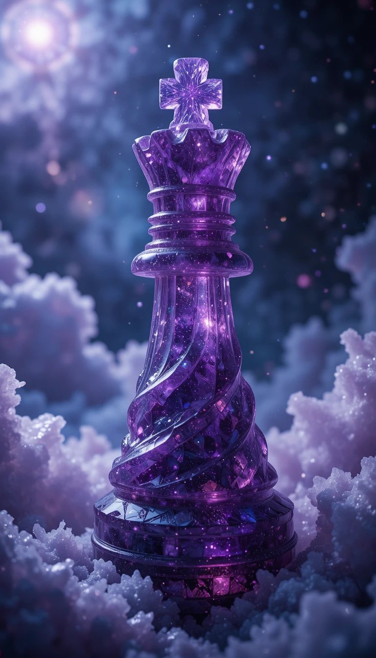 Amethyst king chess piece in swirling cosmic mist