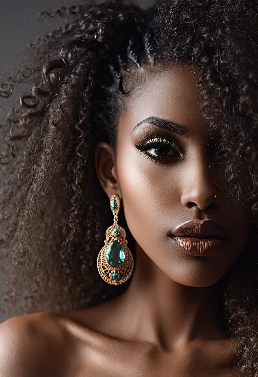 Black and white portrait of a woman with dramatic afro hair