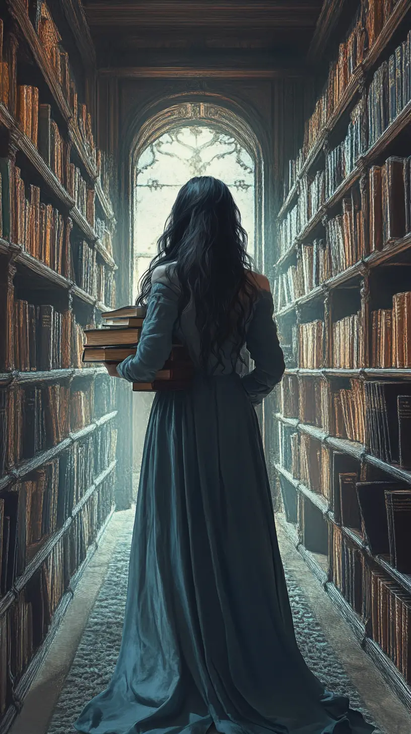Jovem mulher etérea caminhando por um corredor de biblioteca imponente